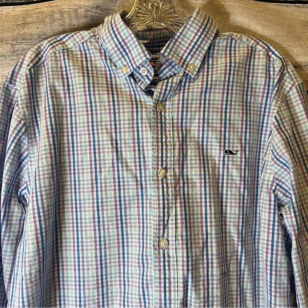 Vineyard Vines Blue Purple White Plaid Button Down Whale Shirt Cotton Preppy - Picture 3 of 7